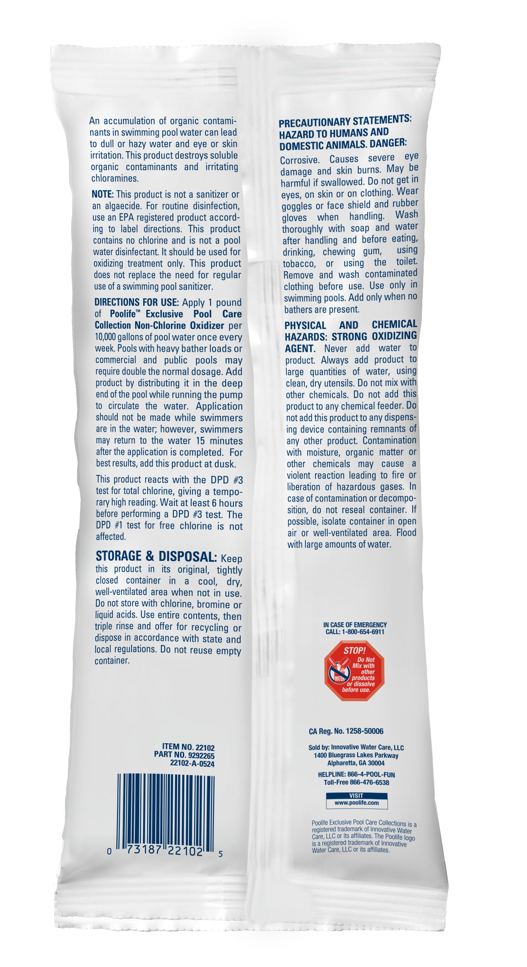 Poolife Non-Chlorine Oxidizer back of pouch