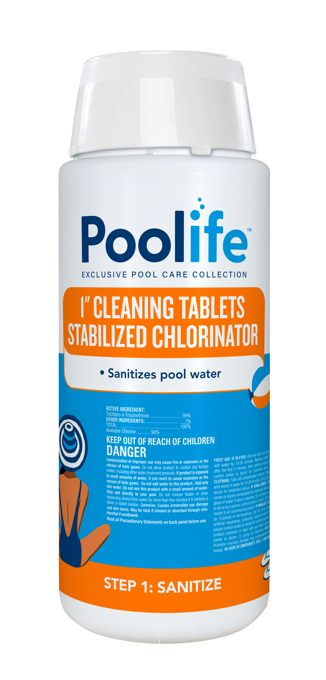 Poolife 1 inch stabilized chlorinator front of bottle
