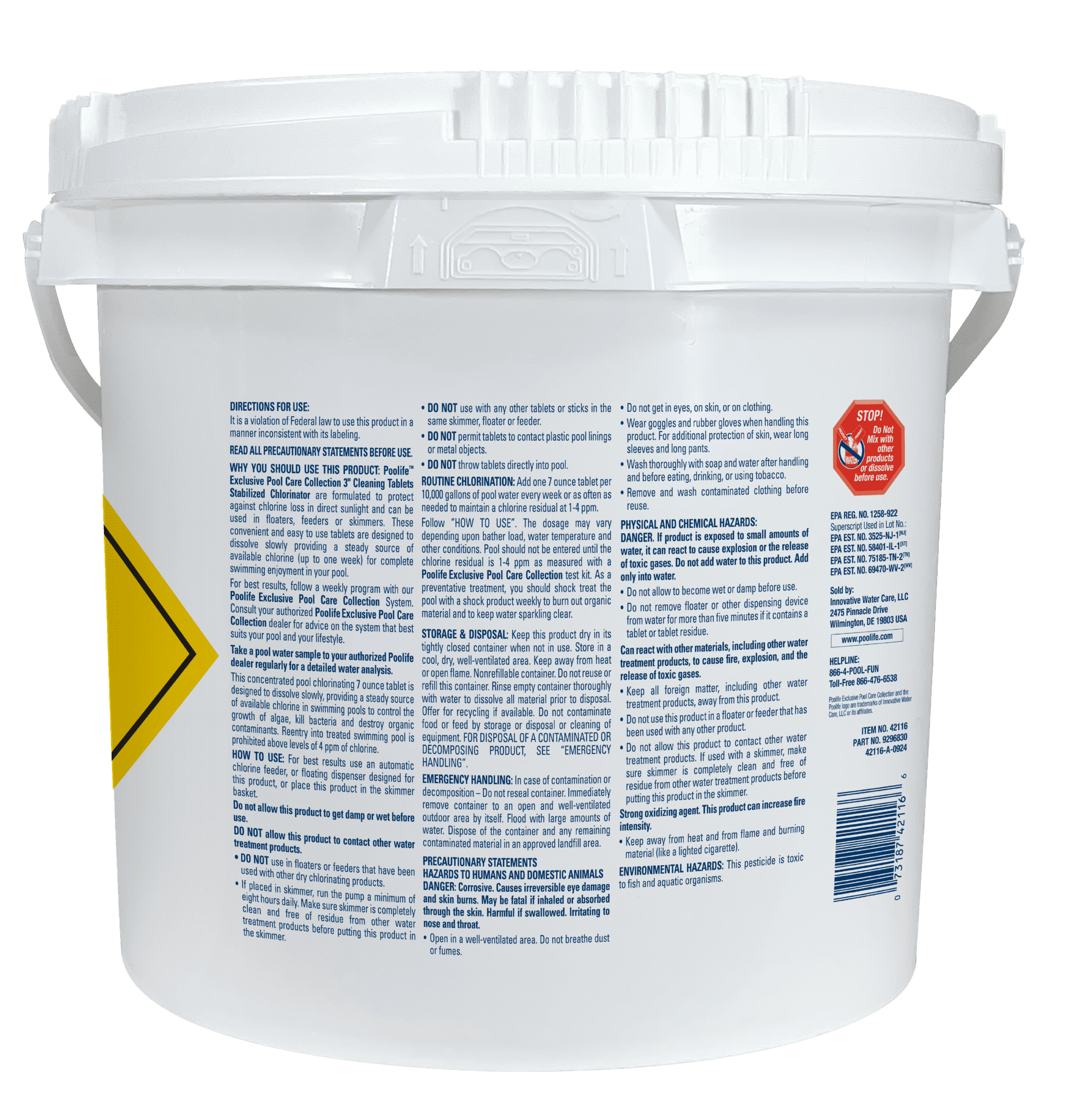 Poolife 3 inch chlorine tablets back of bucket
