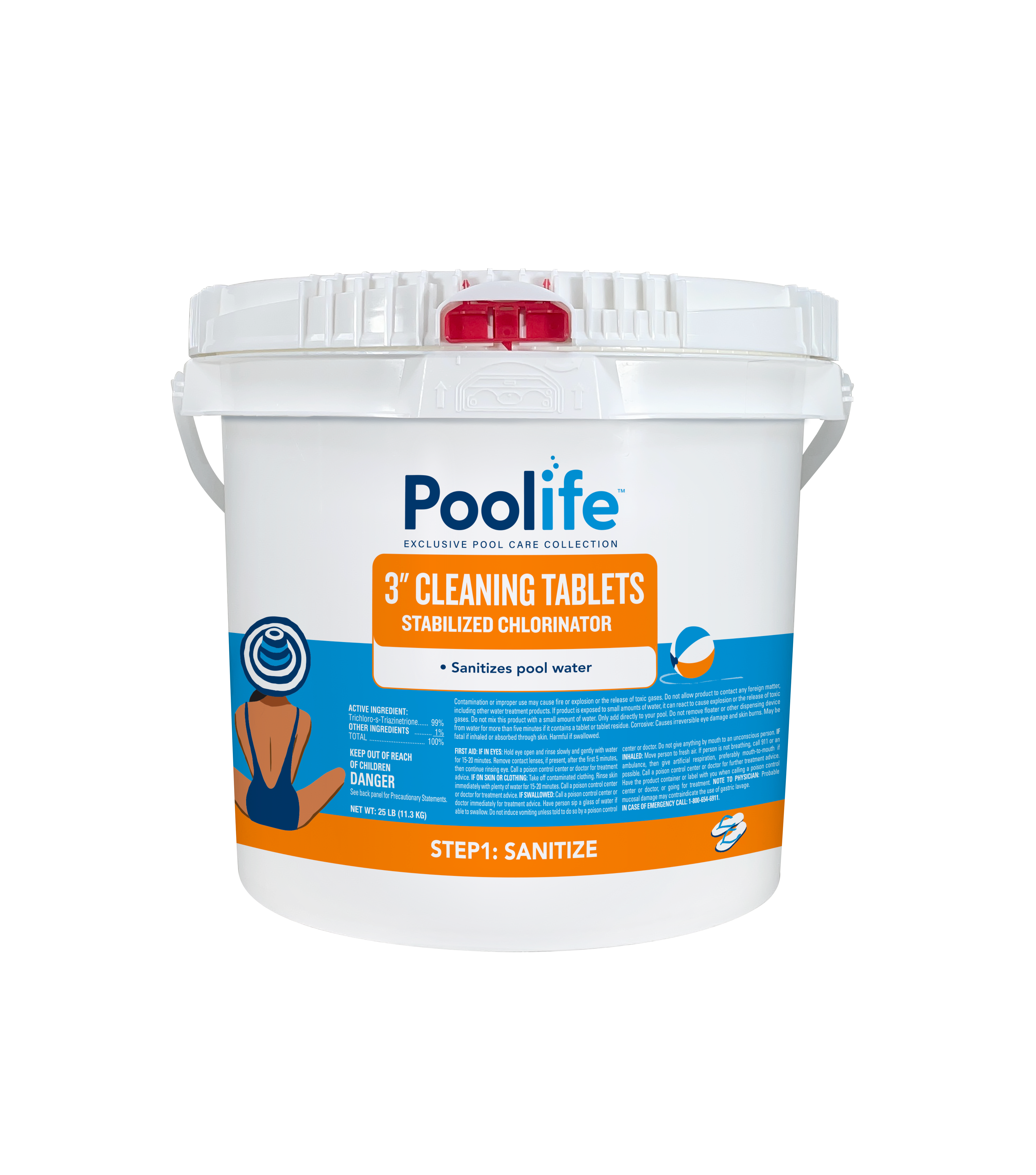 Poolife 3-inch chlorine Tabs front of bucket