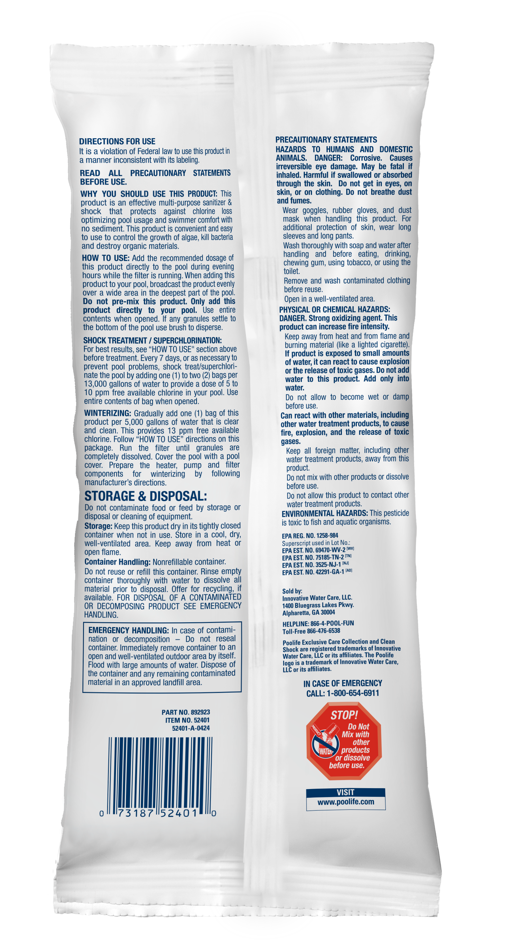 Poolife Clean Shock Treatment back of pack