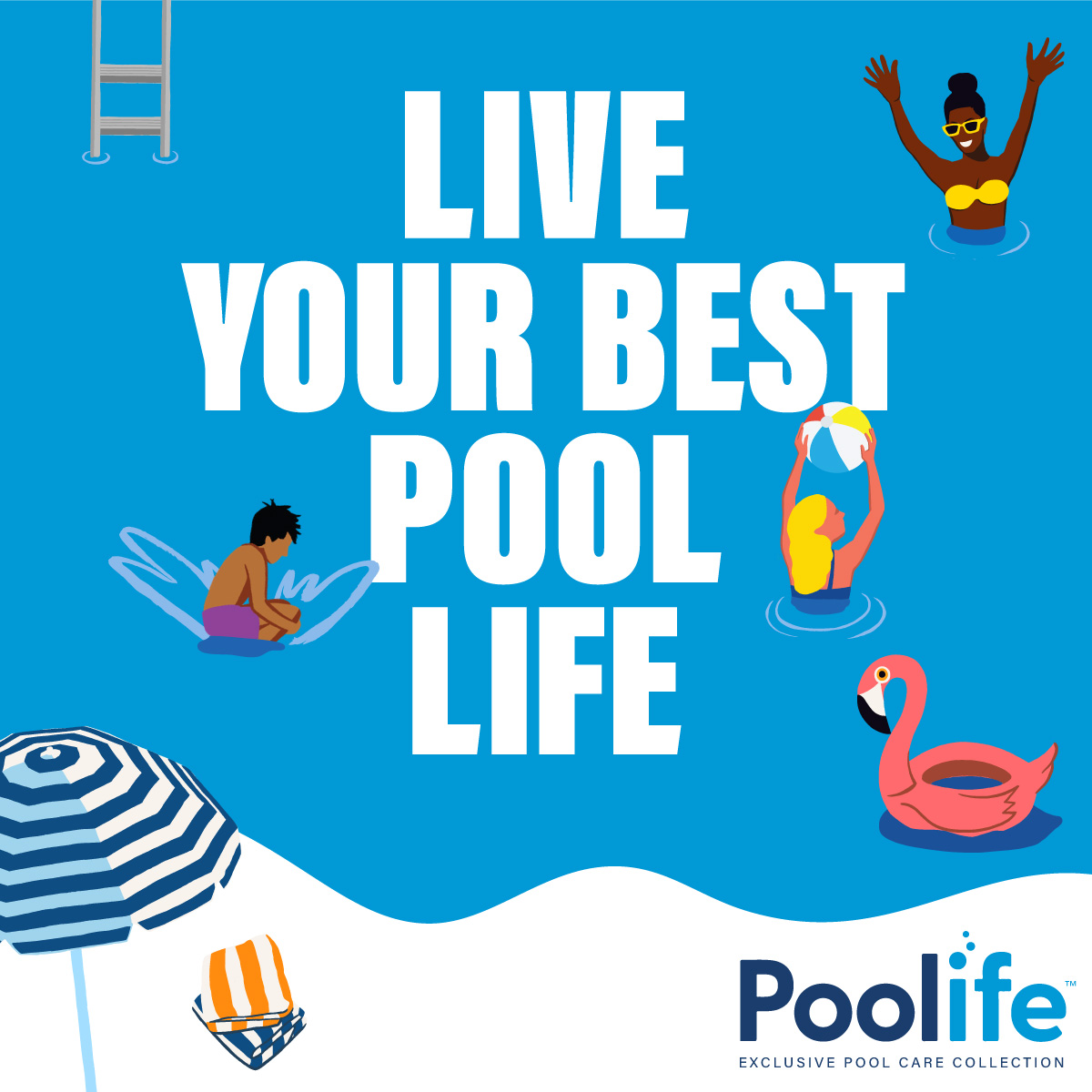 Pool Party icons with text reading: "Live your best pool life" featuring pink flamingo floaty