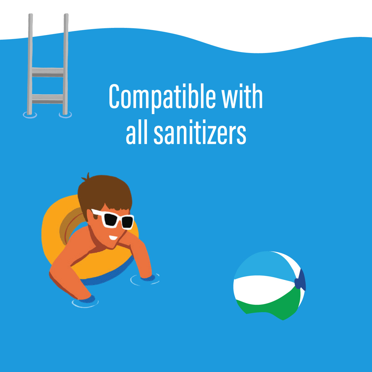 Icon of boy wearing sunglasses floating in blue pool with claim of "Compatible with all sanitizers"