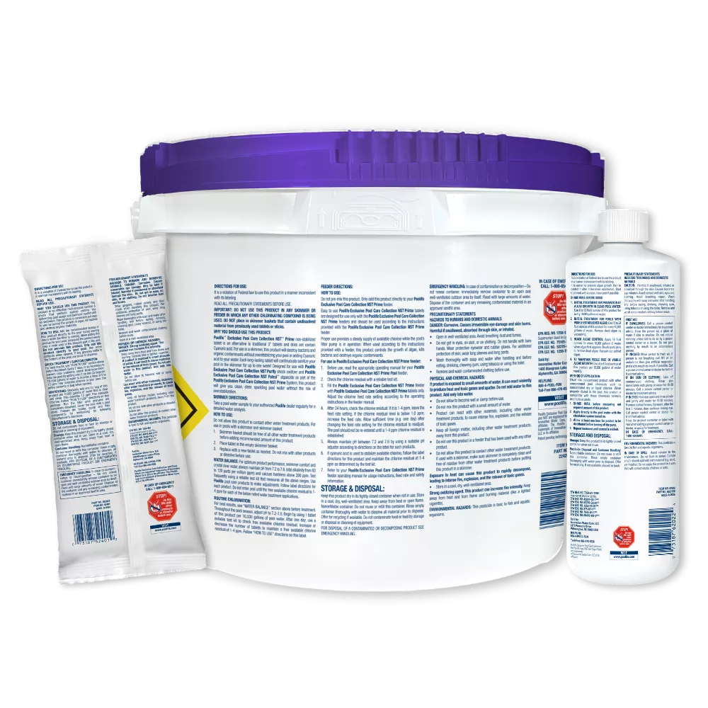 Rear view of the Poolife NST Prime System packaging showing detailed directions for use, dosage instructions, and safety information for the NST Prime tablets, Clean Shock, and Algae Patrol.