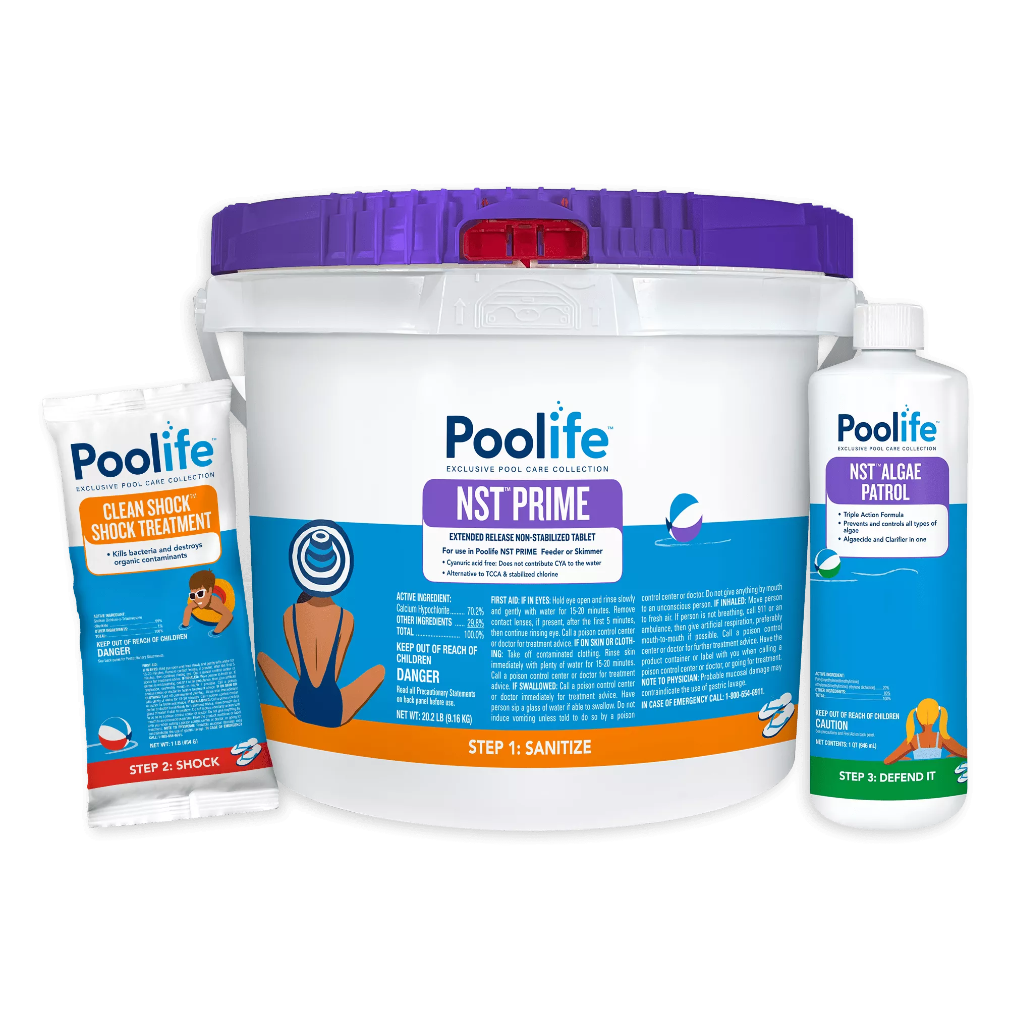 A group of three Poolife pool maintenance products including a 20.2 lb bucket of NST Prime sanitizing tablets, a 1 lb pouch of Clean Shock treatment, and a 1-quart bottle of NST Algae Patrol.