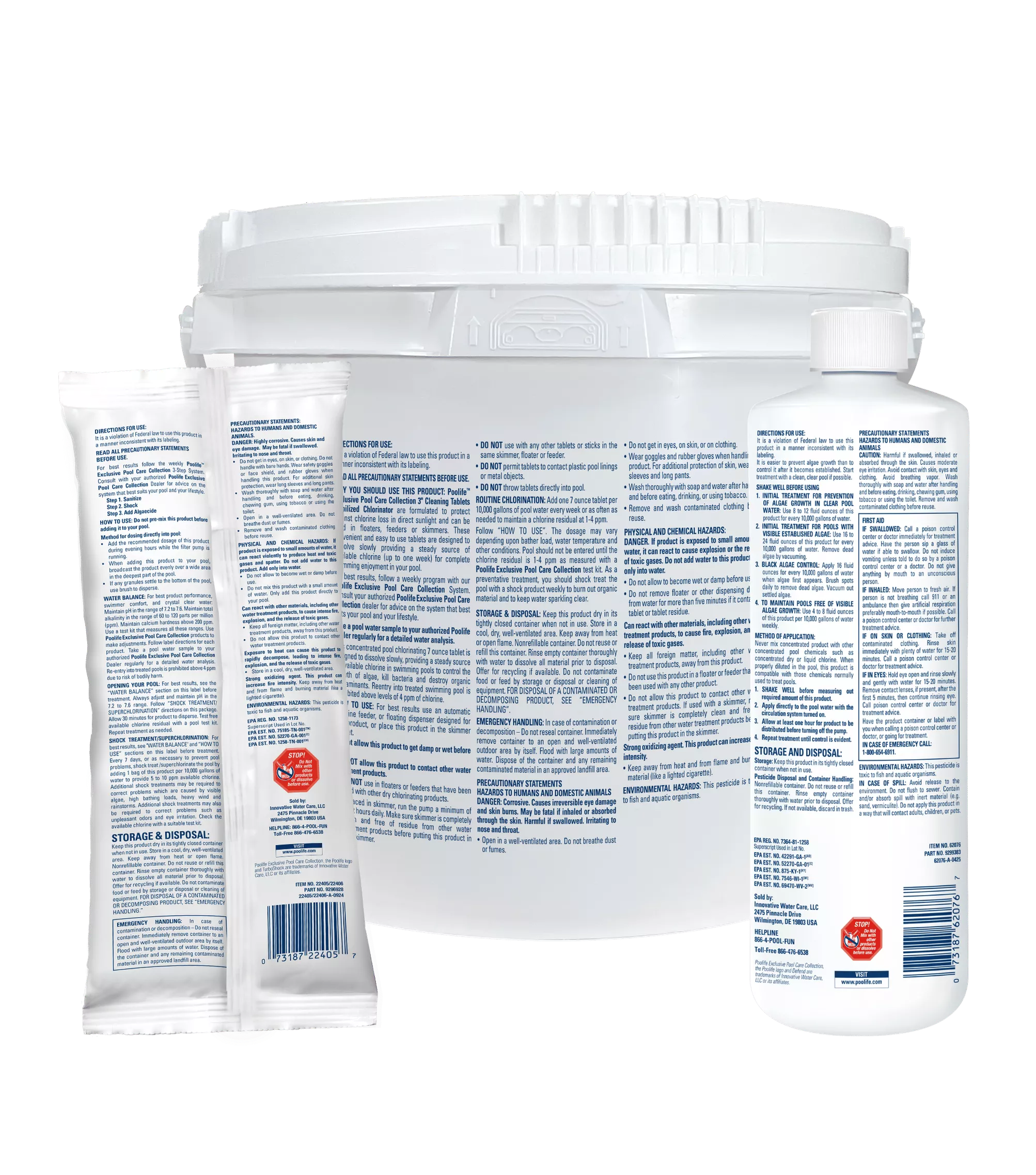 back of 3 inch sanitizing tablets, algaecide defend+, and pool turboshock