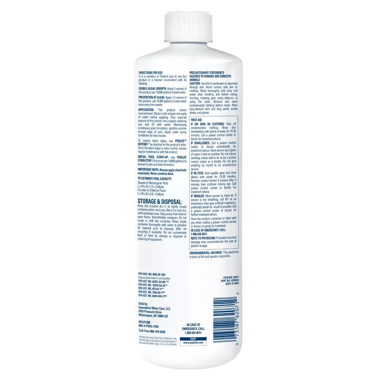Detailed back label of Poolife Algaekill Extreme bottle showing dosage charts for visible algae growth and prevention, application instructions, and precautionary safety statements.