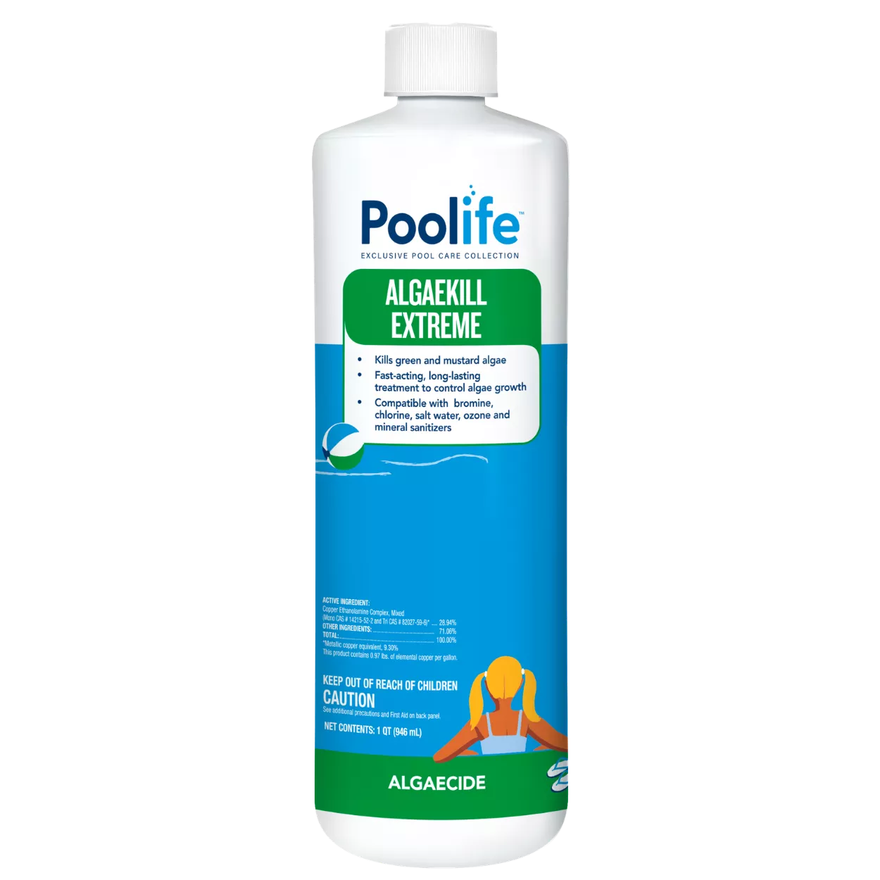 Front and back view of a 1-quart bottle of Poolife Algaekill Extreme algaecide, featuring a green and blue label. The front highlights its ability to kill green and mustard algae, while the back provides detailed dosage and application instructions.