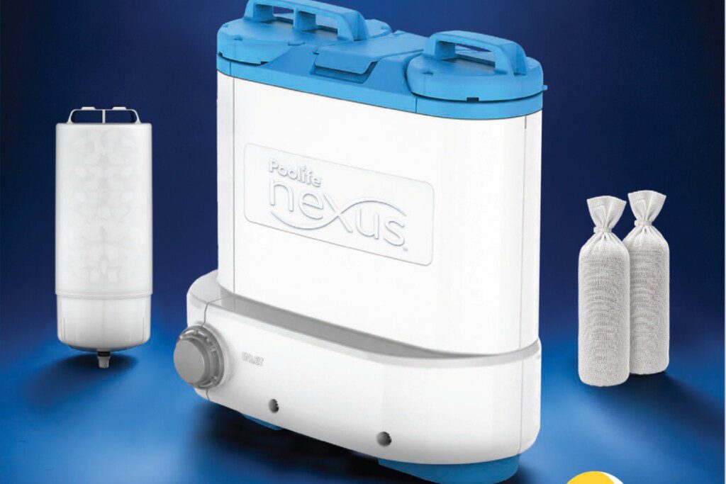 Poolife Nexus pool sanitization system featuring the Nexus unit, replaceable cartridge, and mineral packs on a blue background.